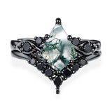 Sterling Silver Personalized Engraved 10K 14K 18K Gold Kite Moss Agate Bridal Promise Wedding Ring Set