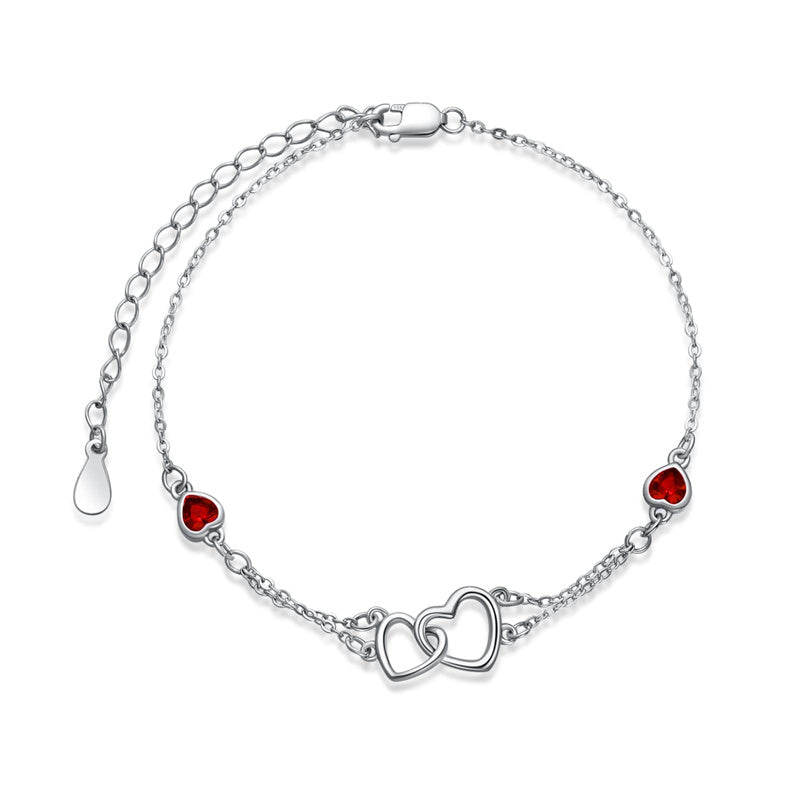 Sterling Silver Double Heart Birthstone Single Layer Anklet