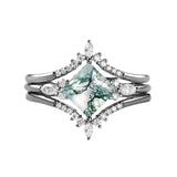 Sterling Silver 10K 14K 18K Gold  Personalized  Engraved Pear Kite Round Cut Moss Agate Engagement Ring Set