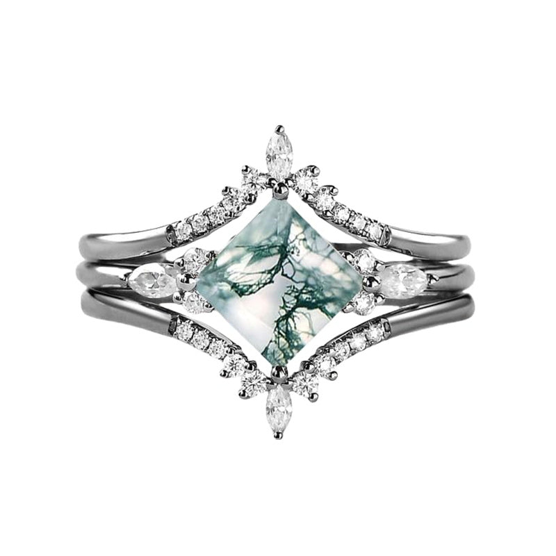 Sterling Silver 10K 14K 18K Gold  Personalized  Engraved Pear Kite Round Cut Moss Agate Engagement Ring Set