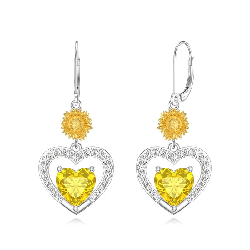 Sterling Silver Heart Cubic Zirconia Sunflower Rose Daisy Lily Lotus Hibiscus Dangle Earrings
