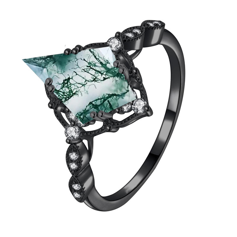 Sterling Silver Personalized Engraved Black Moss Agate Bridal Wedding Promise Engagement Ring for Women