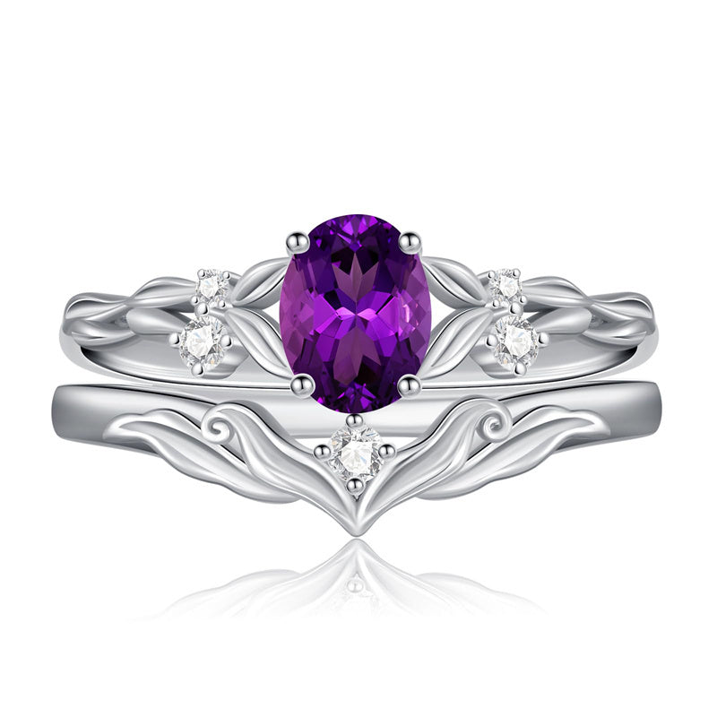 Sterling Silver 10K 14K 18K Gold  Oval Cut Unique Vine Gemstone Wedding Ring Set