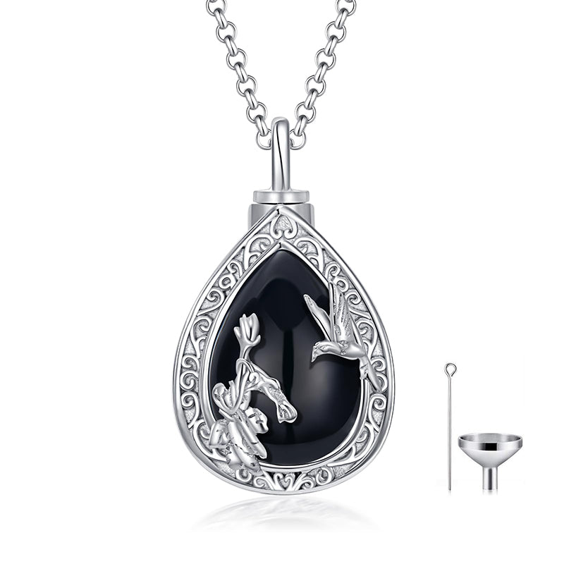 Sterling Silver Black Onyx Rose Hummingbird Urn Necklace for Ashes