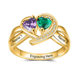 10K 14K 18 K Gold Personalized Engraved 2 Simulated Heart Birthstone Ring