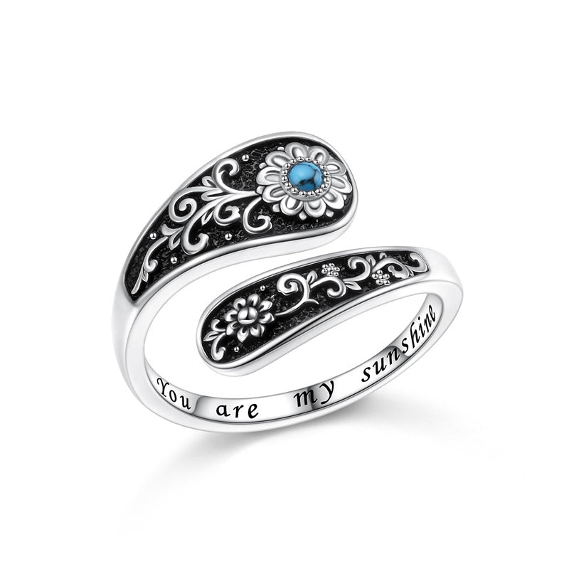 Sterling Silver Vintage Turquoise Sunflower Adjustable Spoon Ring Engraved with You Are My Sunshine