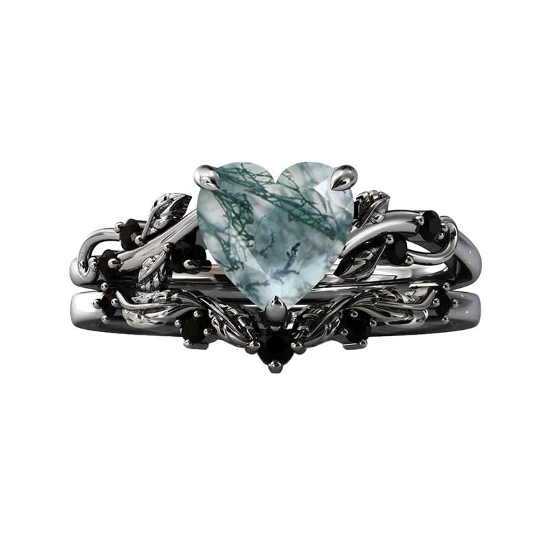 10K 14K 18K Gold Natural Moss Agate Ring Set Engagement Ring