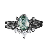 Sterling Silver Personalized Engraved Moss Agate Bridal Wedding Promise Engagement Ring Set for Women