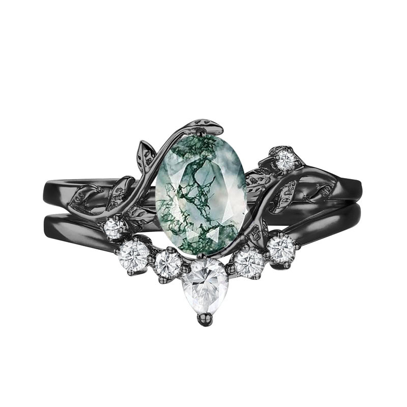 Sterling Silver Personalized Engraved Moss Agate Bridal Wedding Promise Engagement Ring Set for Women