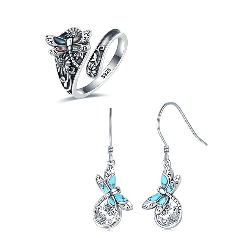 Sterling Silver Abalone Shell Dragonfly Spoon Ring and Dragonfly Sunflower Dangle Earrings