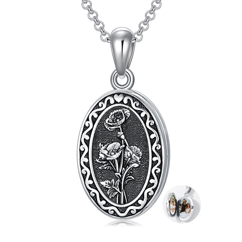 Sterling Silver Personalized Photo 12 Month Birth Flower Pendant Necklace