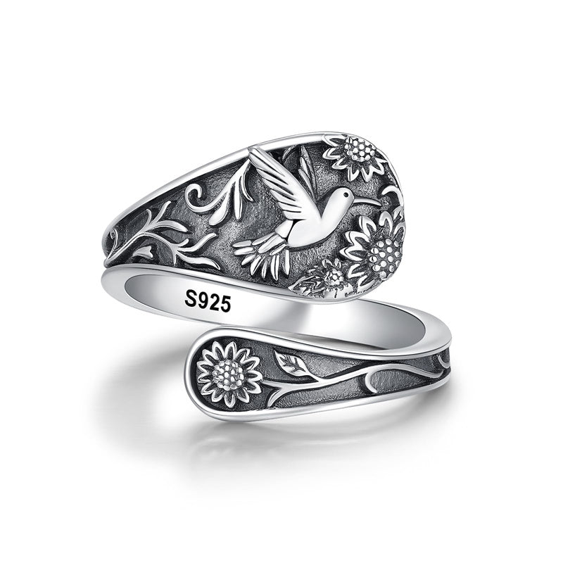 Sterling Silver Oxidized Dragonfly Butterfly Hummingbird Sea Turtle Anchor Cross Tree of Life Sunflower Spoon Ring