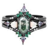 Sterling Silver 10K 14K 18K Gold  Personalized  Engraved Pear Kite Round Cut Moss Agate Engagement Ring Set