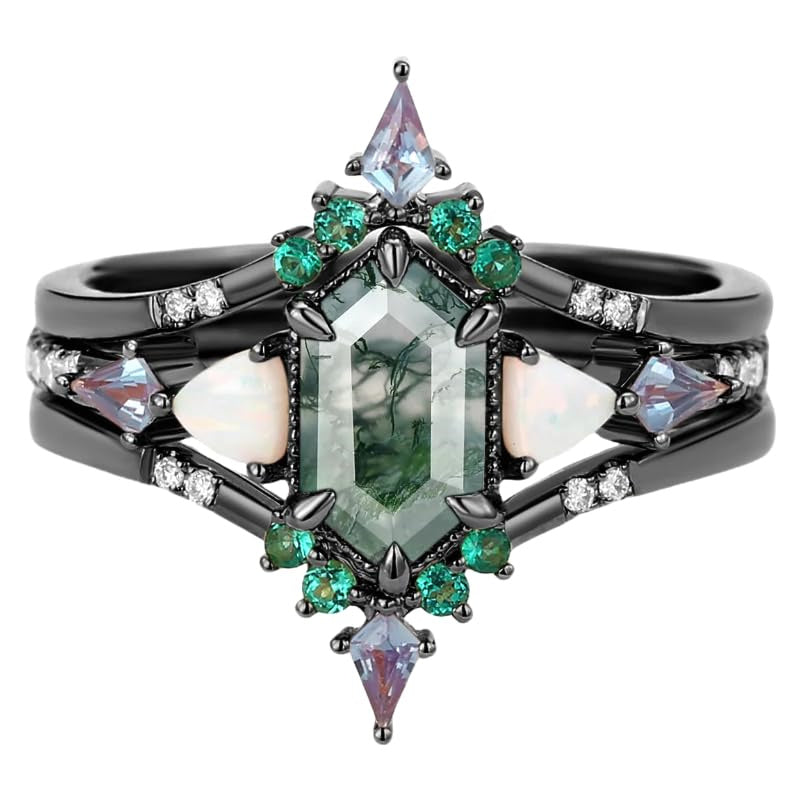 Sterling Silver 10K 14K 18K Gold  Personalized  Engraved Pear Kite Round Cut Moss Agate Engagement Ring Set