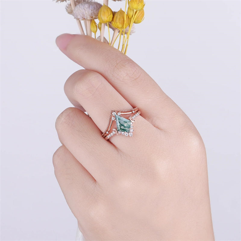 Sterling Silver 10K 14K 18K Gold  Personalized  Engraved Natural Moss Agate Engagement Bridal Wedding Ring Set