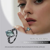 Sterling Silver Personalized Engraved Black Moss Agate Bridal Wedding Promise Engagement Ring for Women