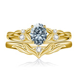 Sterling Silver 10K 14K 18K Gold  Oval Cut Unique Vine Gemstone Wedding Ring Set