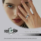 Sterling Silver Personalized Engraved Moss Agate Bridal Wedding Promise Engagement Ring Set for Women