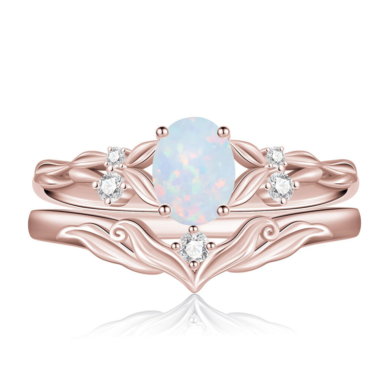 Sterling Silver 10K 14K 18K Gold  Oval Cut Unique Vine Gemstone Wedding Ring Set