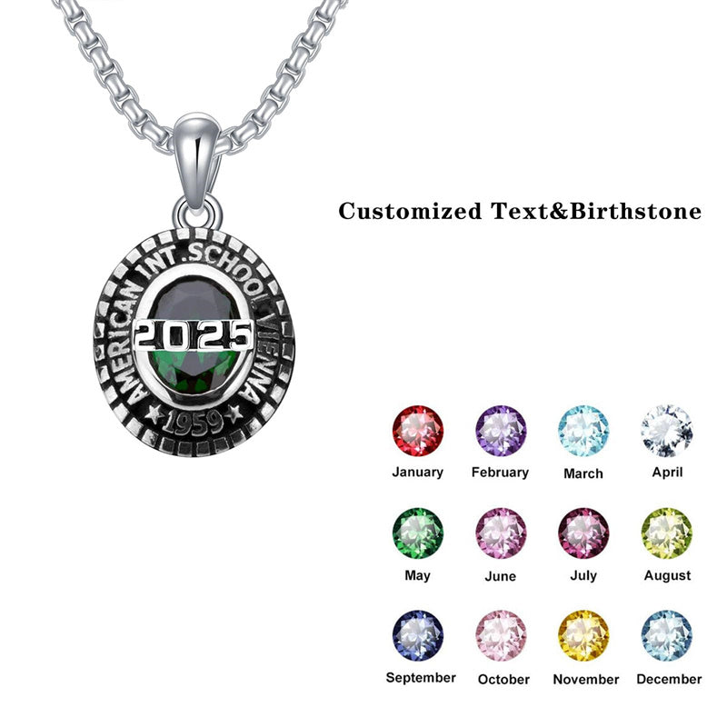 Sterling Silver 2025 Graduation Necklace Personalized Text and Birthstone Class Pendant Necklace