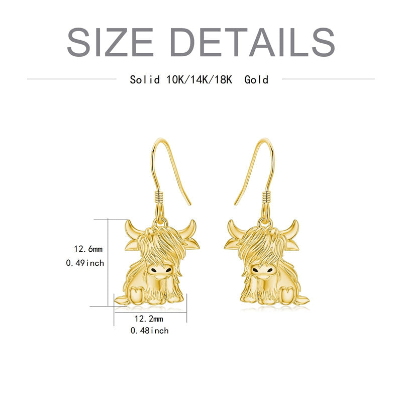 10K 14K 18K Gold Highland Cow Animal Earrings