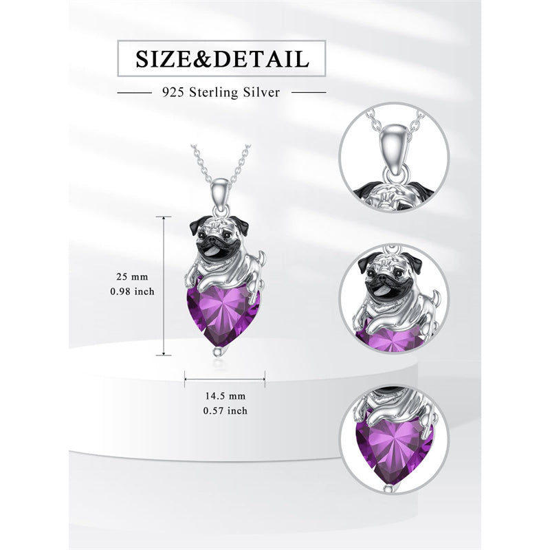 Sterling Silver Heart Birthstone Pug Pendant Necklace