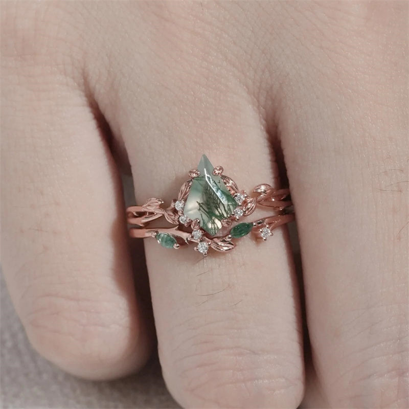 Sterling Silver 10K 14K 18K Gold  Personalized  Engraved Natural Moss Agate Engagement Bridal Wedding Ring Set