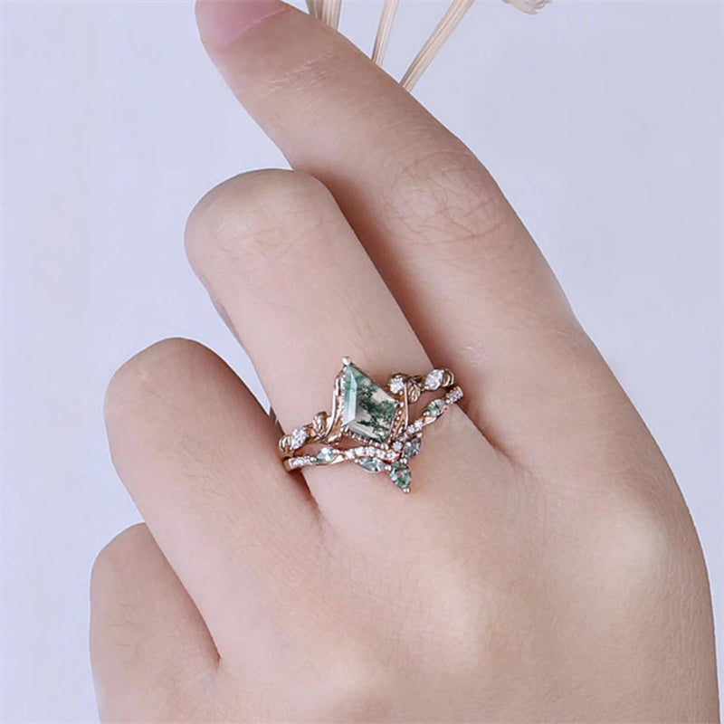 Sterling Silver 10K 14K 18K Gold  Personalized  Engraved Natural Moss Agate Engagement Bridal Wedding Ring Set