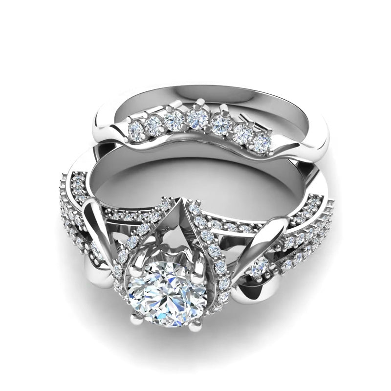 Sterling Silver Personalized Engraved Diamond Wedding Ring Set  Engagement Ring