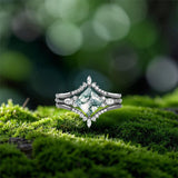 Sterling Silver 10K 14K 18K Gold  Personalized  Engraved Pear Kite Round Cut Moss Agate Engagement Ring Set