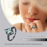 Sterling Silver Personalized Engraved Black Moss Agate Bridal Wedding Promise Engagement Ring for Women