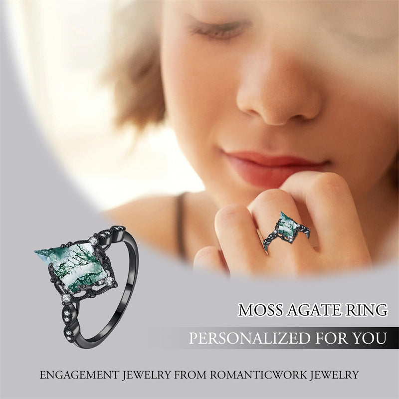 Sterling Silver Personalized Engraved Black Moss Agate Bridal Wedding Promise Engagement Ring for Women