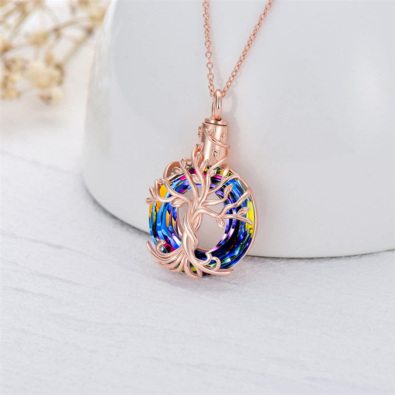 Sterling Silver Circle Crystal Tree of Life Urn Necklace for Ashes