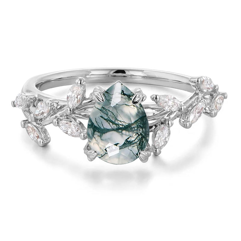 Sterling Silver 10K 14K 18K 2CT Natural Moss Agate Leaf Engagement Wedding Promise Rings Set