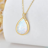14K Gold Pear Shape TearDangle White Opal Moss Agate Pendant Necklace