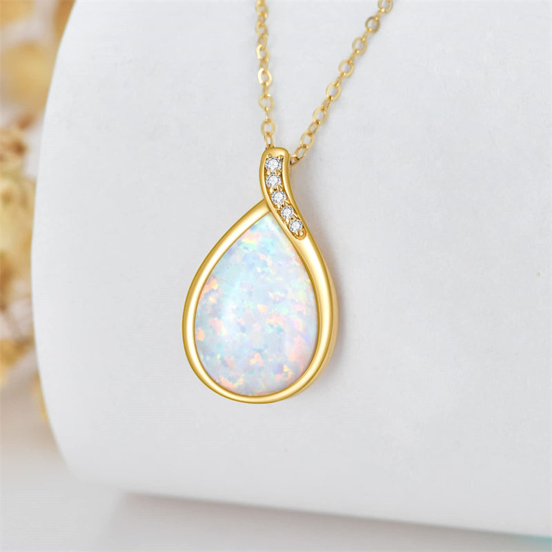 14K Gold Pear Shape TearDangle White Opal Moss Agate Pendant Necklace