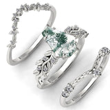 Sterling Silver Personalized Engraved Hexagon Moss Agate Engagement Black Ring Set Bridal Rings Set