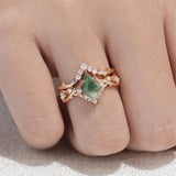 Sterling Silver 10K 14K 18K Gold  Personalized  Engraved Natural Moss Agate Engagement Bridal Wedding Ring Set