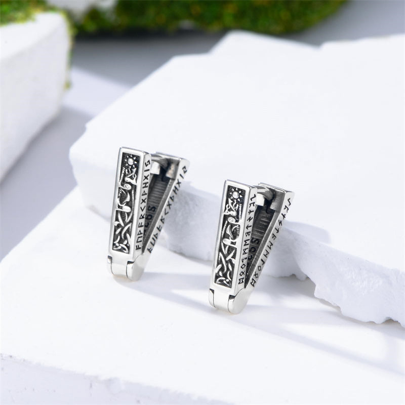 Sterling Silver Cross Sun Viking Wave Hoop Earrings for Men