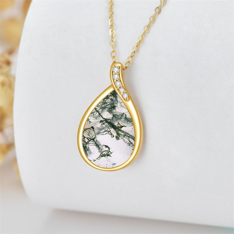 14K Gold Pear Shape TearDangle White Opal Moss Agate Pendant Necklace