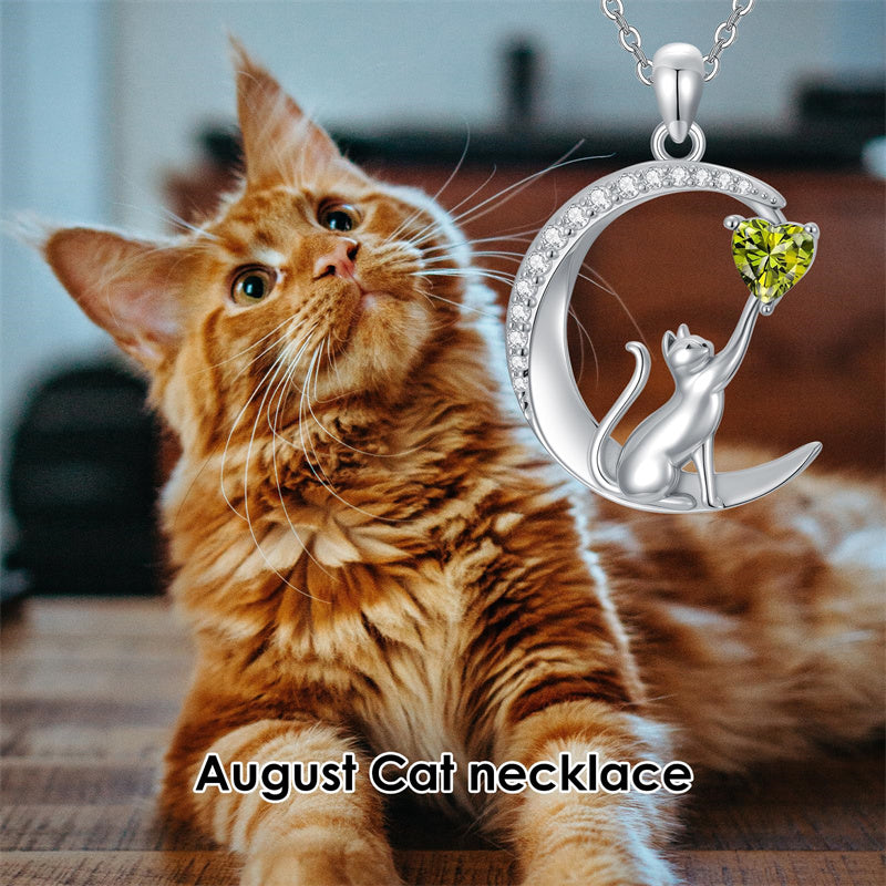 Sterling Silver Heart Birthstone Cat Pendant Necklace