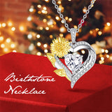 Sterling Sliver Birthstone Love Heart & Sunflower Pendant Necklace Engraved With You Are My Sunshine