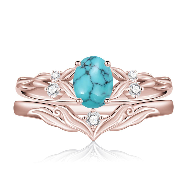 Sterling Silver 10K 14K 18K Gold  Oval Cut Unique Vine Gemstone Wedding Ring Set