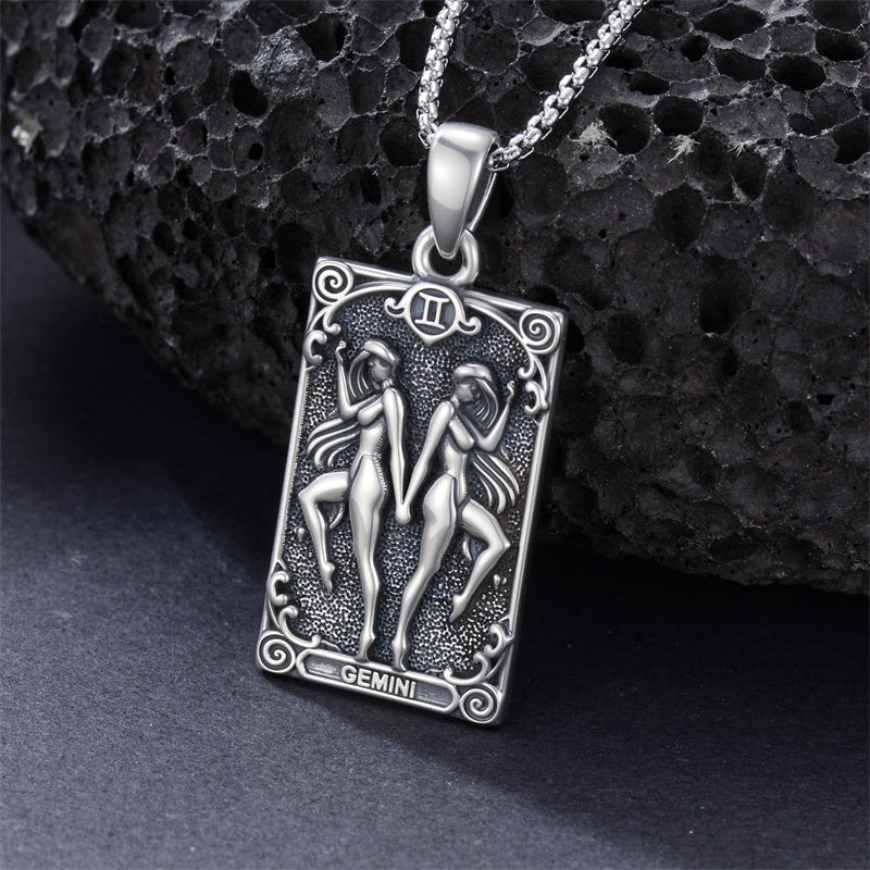 Sterling Silver Tarot Card 12 Zodiac Sign Pendant Necklace
