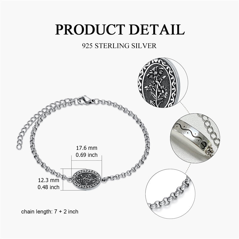 Sterling Silver 12-Month Birth Flower Urn Bracelet for Ashes