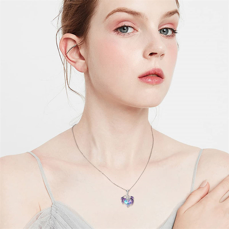 Sterling Silver Birthstone Heart Shaped Crystal Wyvern Pendant Necklace