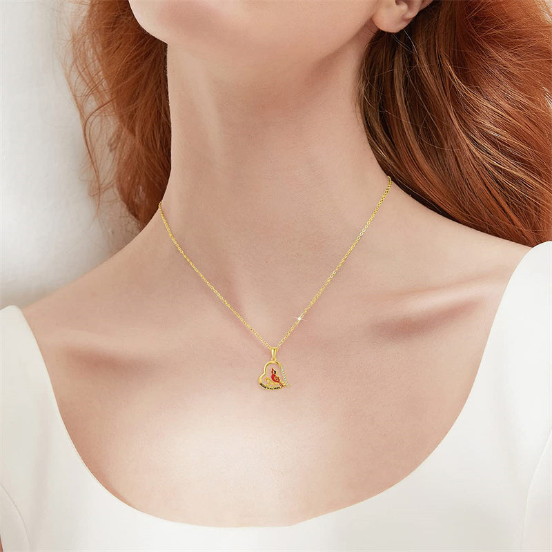 14K Gold Red Cardinal Bird Pendant Necklace Engraved With Always in My Heart