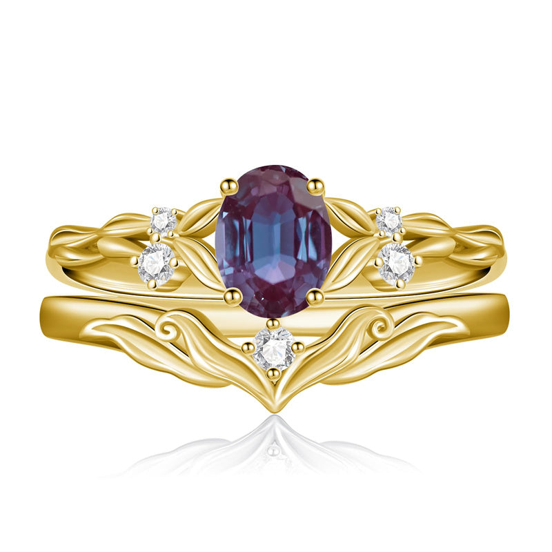 Sterling Silver 10K 14K 18K Gold  Oval Cut Unique Vine Gemstone Wedding Ring Set