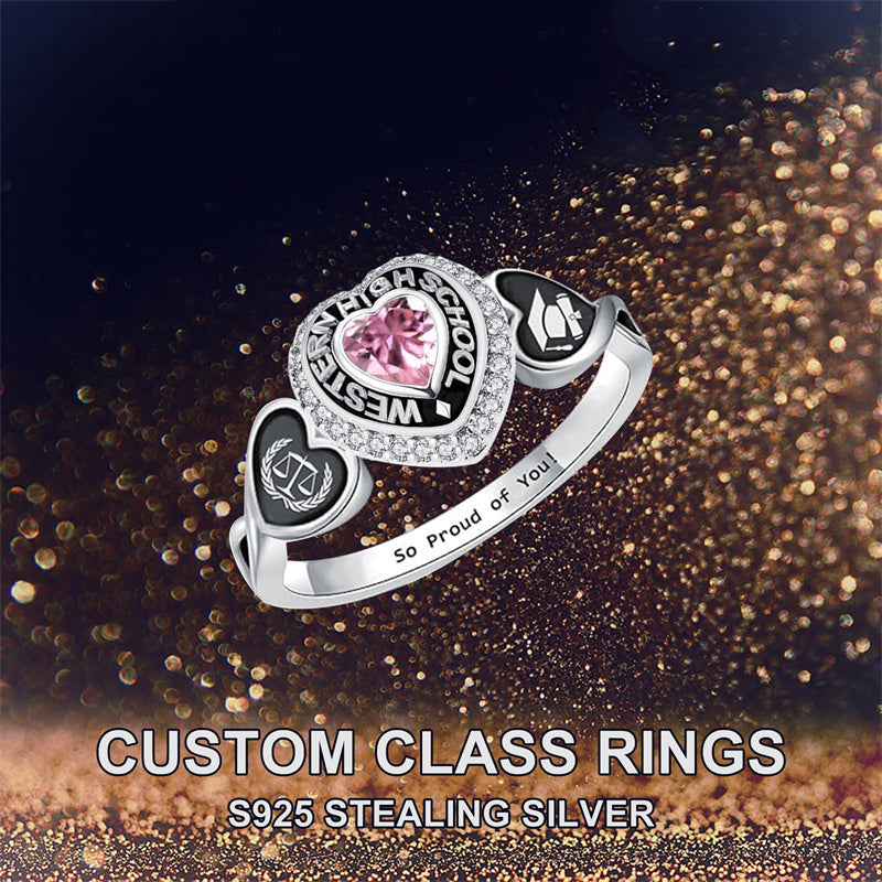Sterling Silver Personalized Pattern Engraved Birthstone Class Ring for Women