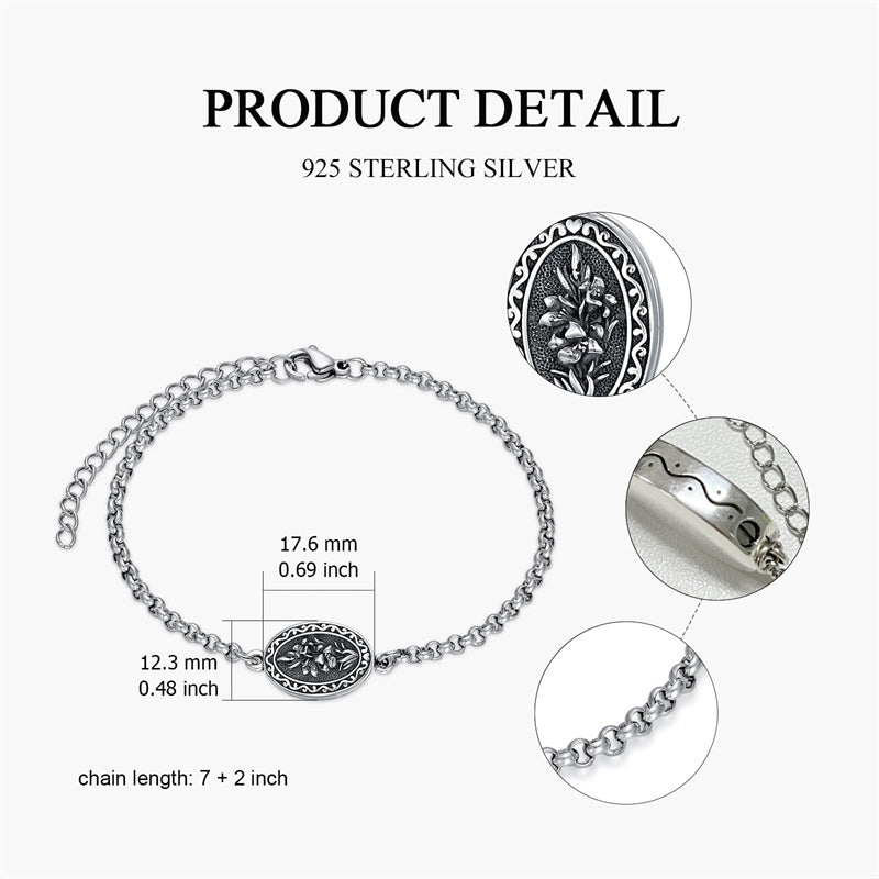 Sterling Silver 12-Month Birth Flower Urn Bracelet for Ashes